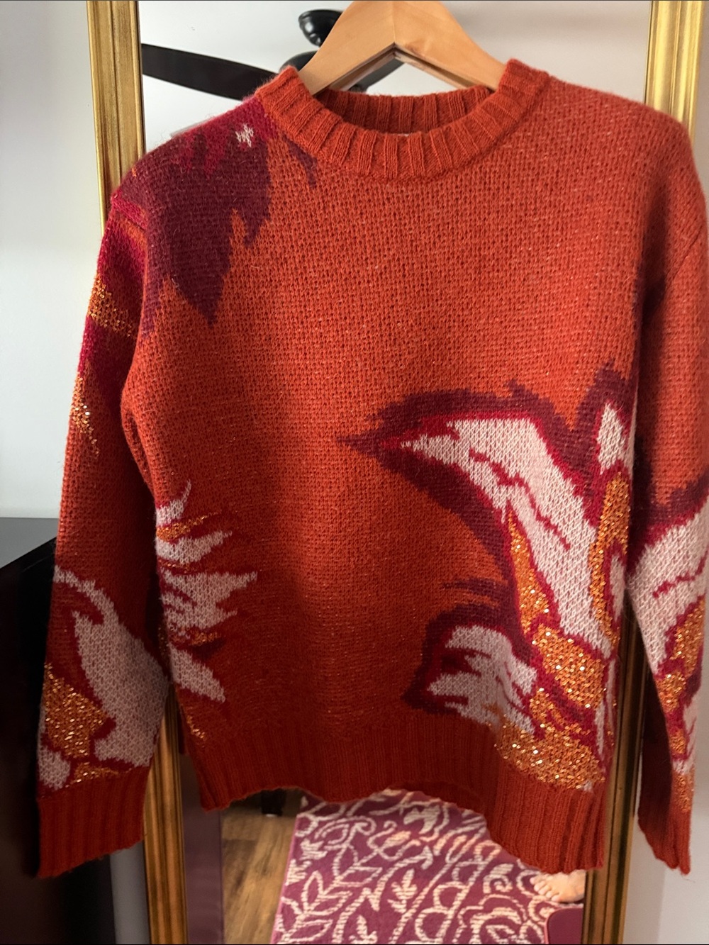 Patrizia Pepe Orange Floral Crewneck Sweater with Pink and Gold Accents